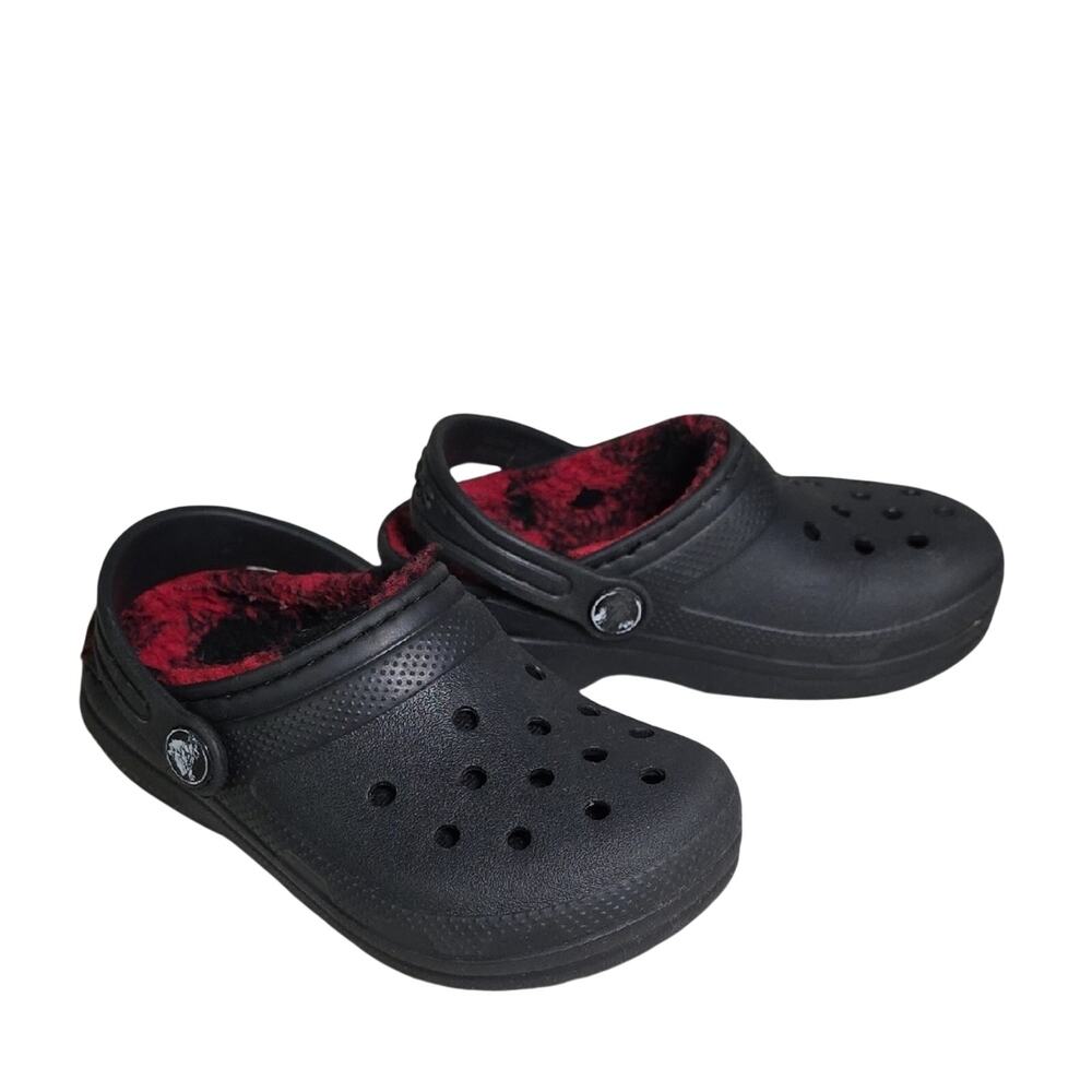 CROCS Classic Lined Clogs Black and Red Buffalo Check Fleece Child Size 10 - Picture 1 of 11